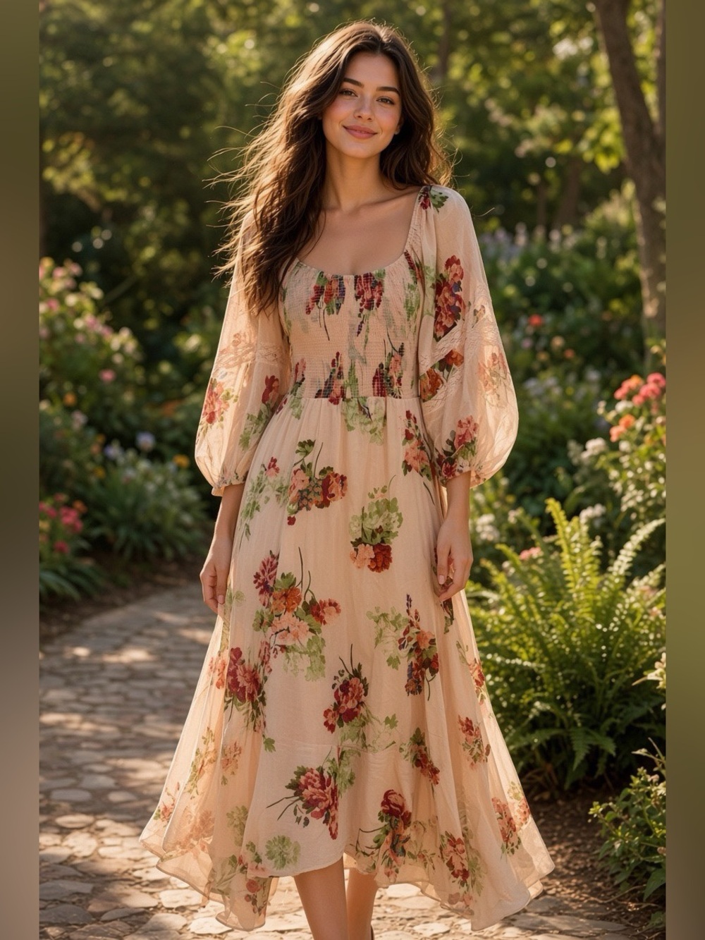 Free People Floral Midi Dress with Puff Sleeves - Cream Floral
